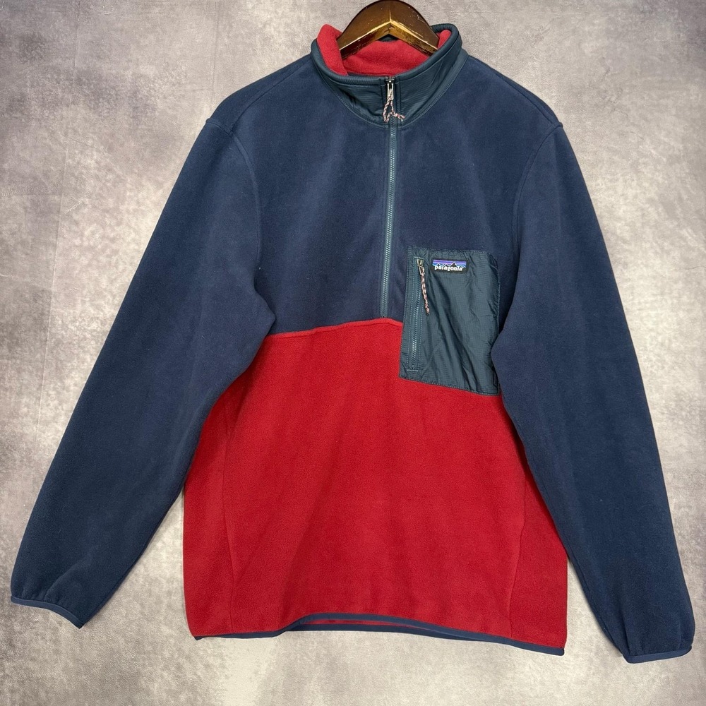 Patagonia Fleece Pullover Mens‎ Medium Blue Red Half Zip Chest Pocket Colorblock